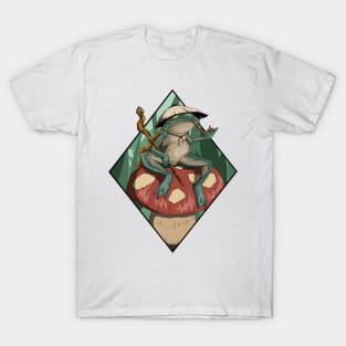 Sage frog chilling on toadstool black diamond frame version T-Shirt